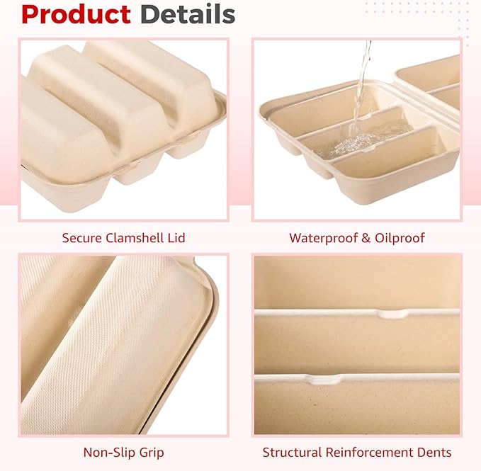 100 PCS Taco Plates Disposable with Lid, 3-Slot Taco Holder, Bagasse Pulp Takeout Food Holders for Tacos, Hot Dogs, Sandwiches, Outdoor Lunch and Party Serving (With Lid)