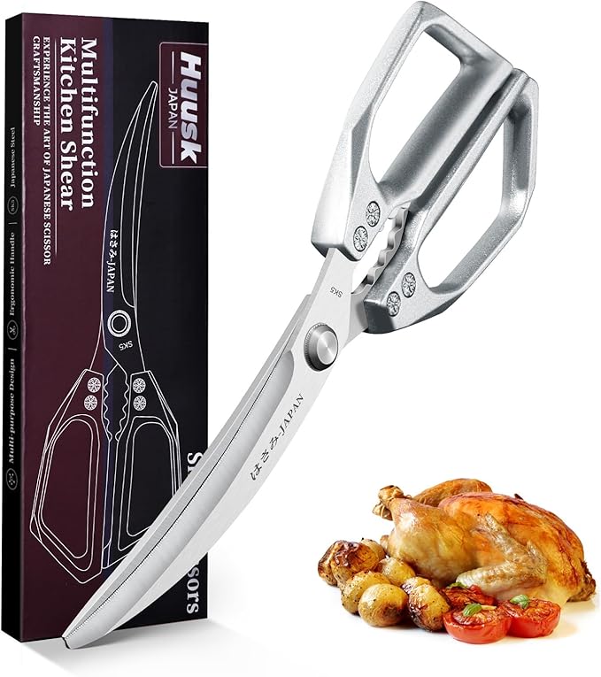 HUUSK Kitchen Scissors Silver - Stainless Steel Kitchen Shears for Food, Japanese Cooking Scissor, Sharp Meat Scissors Dishwasher Safe, Heavy Duty Poultry Shears for Chicken Bones, and Turkey