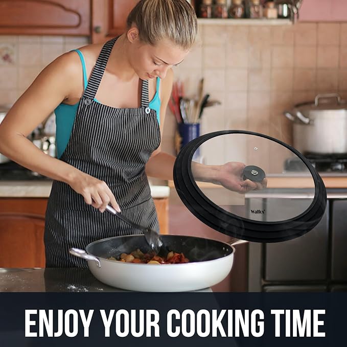 Walfos 2 Pcs Universal Pot Lids, Frying Pan Lid with Heat Resistant Silicone Rim, Fits All 10", 11", 12" to 13", 14", 15" Diameter Cookware, Pots, Pans and Skillets, BPA Free and Dishwasher Safe