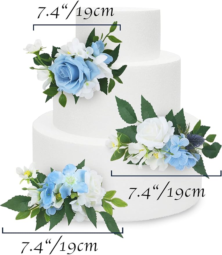 Rinlong 3Pcs Pre-made Flower Cake Topper Cake Decorations Baby Blue Wedding Cake Decorating Flowers Cake Decor Baptism Girl Women Birthday Party Bridal Baby Shower