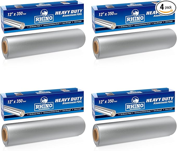 Rhino Aluminum Heavy Duty Aluminum Foil | Rhino 12 x 350 sf Long Roll, 25 Microns Thick | Commercial Grade & Extra Thick, Strong Enough for Food Service Industry (Pack of 4)