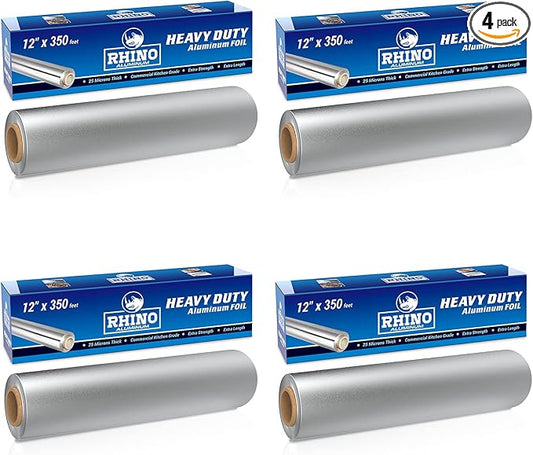 Rhino Aluminum Heavy Duty Aluminum Foil | Rhino 12 x 350 sf Long Roll, 25 Microns Thick | Commercial Grade & Extra Thick, Strong Enough for Food Service Industry (Pack of 4)