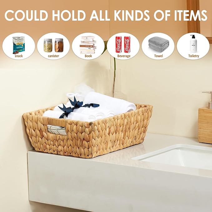 Water Hyacinth Wicker Baskets 2 Pack, Large Storage Basket With Handles for Organizing, Handmade Natural