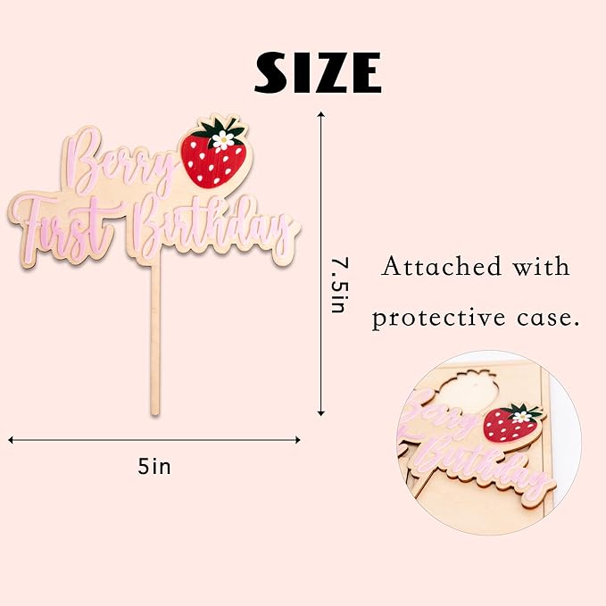Strawberry Berry First Birthday Cake Topper - Fruit Themed Cake Topper, Sweet Birthday Cake Decoration for 1st Birthday Party, Anniversary, Baby Shower, Baby Photo Booth Props, Cake Smash…