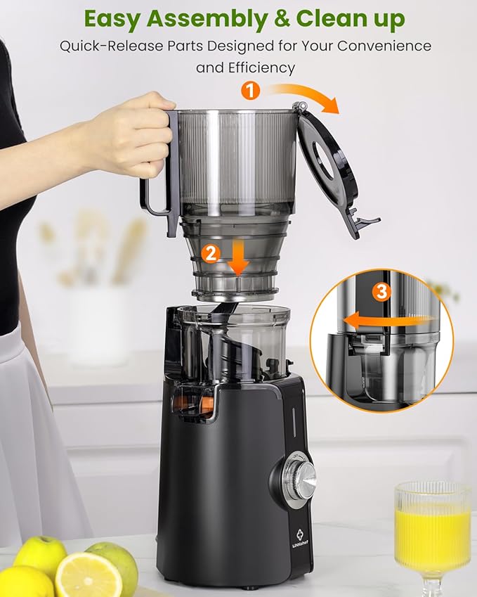 LINKChef Cold Press Juicer Machines for Vegetables and Fruits, 4.35" Wide Chute Masticating Juicer with Pulp Separator, Easy to Clean, BPA-Free, Compact Electric Slow Juice Extractor for Whole Fruit