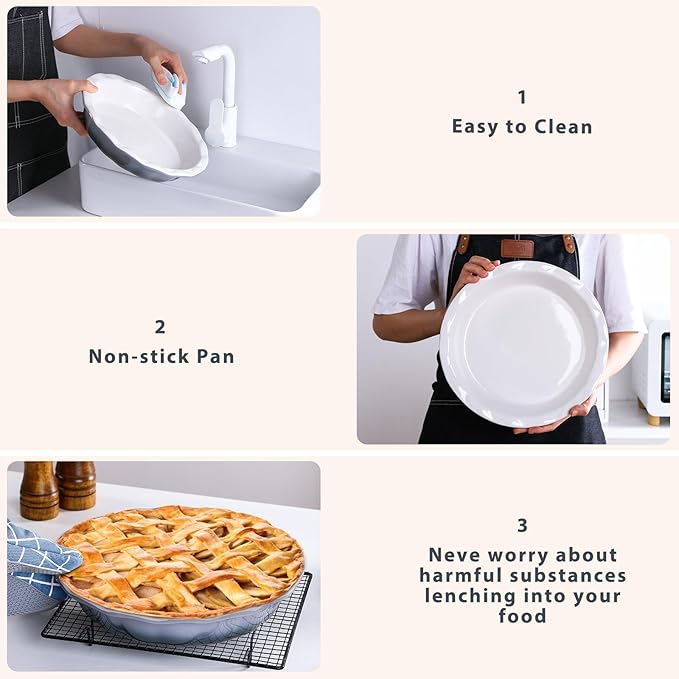 Lareina Ceramic 9 Inch Deep Dish Pie Pans, Set of 2, Grey, Non-Stick, Oven & Dishwasher Safe, Ideal for Baking Pies, Quiches, Cakes
