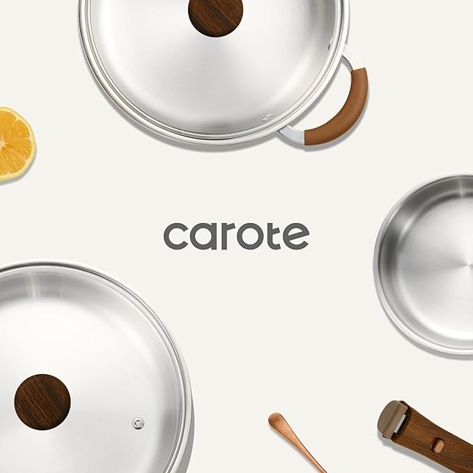 CAROTE 19pcs Stainless Steel Cookware Set with Detachable Handle, Pots and Pans Set, Induction Kitchen Cooking Sets, RV/Camping Cookware, Removable Handle, Oven Safe, Woodgrain