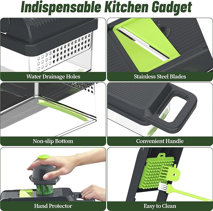 12-in-1 Vegetable Chopper, 7 Blades Veggie Chopper with Container and Lid, Dicer, Slicer, Multifunctional Kitchen Gadgets, Vegetable Cutter with Handle, Onion Cutter(Green/Grey)
