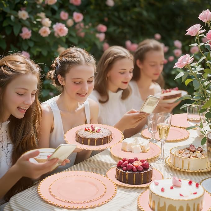 supernal 100pcs Pink Plastic Plates with Gold Beads Plates Disposable Heavy Duty Party Supplies Includes 10.25inch Dinner Plate and 7.5inch Dessert Disposable Plate for Party,Wedding,Bridal Showers