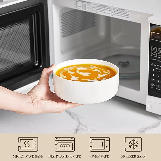 MALACASA 24 OZ Cereal Bowls, Porcelain Soup Oatmeal Bowls Set of 6, Kitchen Ceramic Serving Bowl, Dishwasher Microwave Oven Safe, White, Series LUNA