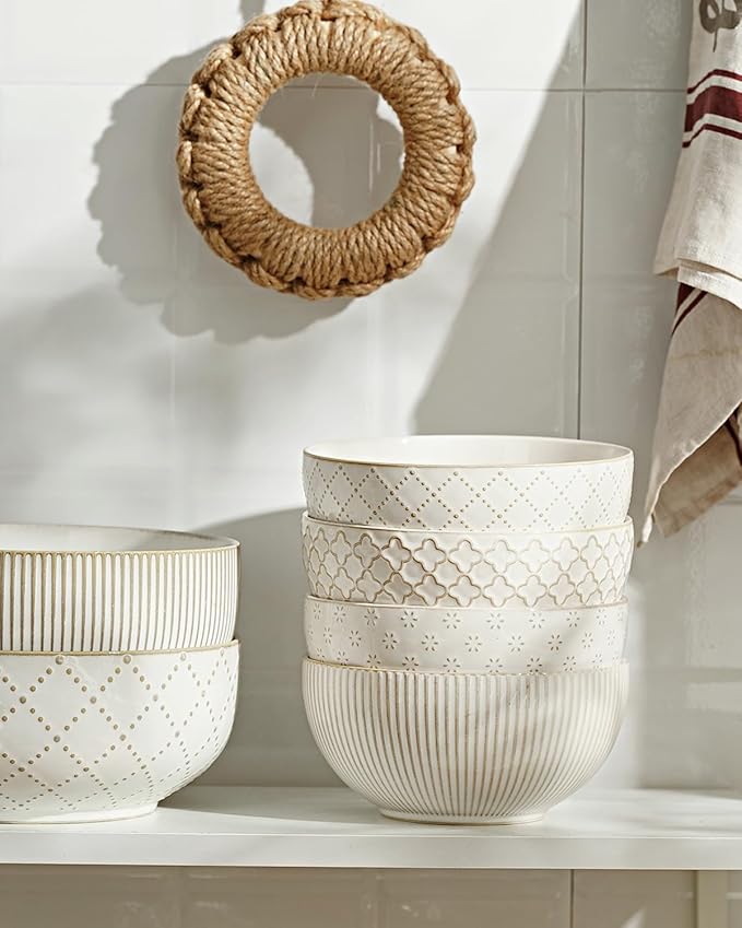 getstar Ceramic Soup Bowls, Cereal Bowl Set of 4 with Assorted Embossment (6.1 inch & 30 oz), Farmhouse Vintage Color Bowls for Kitchen