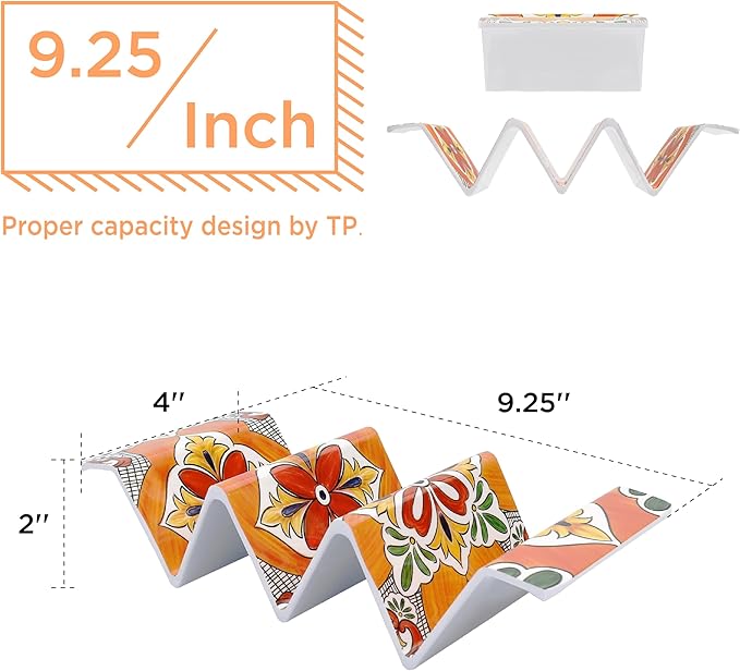 TP Taco Holder Stands, Set of 2 Melamine Large Taco Serving Rack Tray with Handle, Holds 3 Tacos, Dishwasher Safe, Ideal for Taco Night, Party, Home, Fiesta, Talavera Bloom