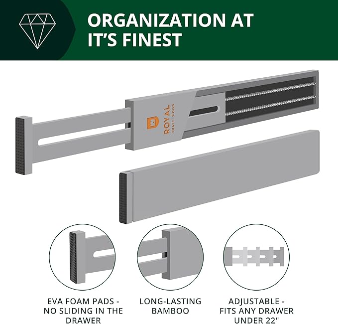 ROYAL CRAFT WOOD Adjustable Bamboo Drawer Dividers Organizers - Expandable Drawer Organization Separators For Kitchen, Dresser, Bedroom, Bathroom and Office, 4-Pack (Large (up to 22")) (Gray)