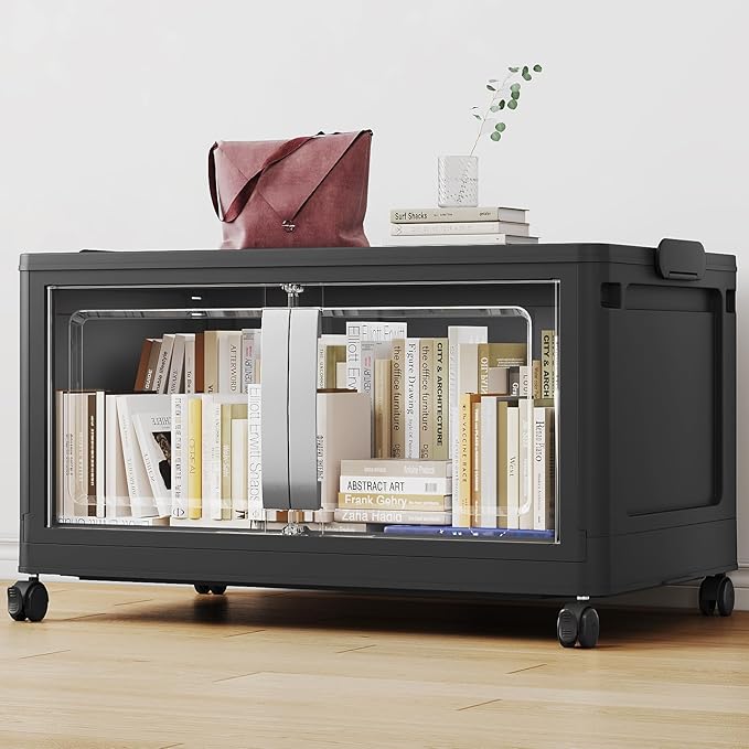 160QT Stackable Storage Bins with Lids, 40Gal Extra Large Collapsible Storage Box with Wheel, Plastic Storages with Clear Door Open Front for Home Bedroom Garage, Black-1pack