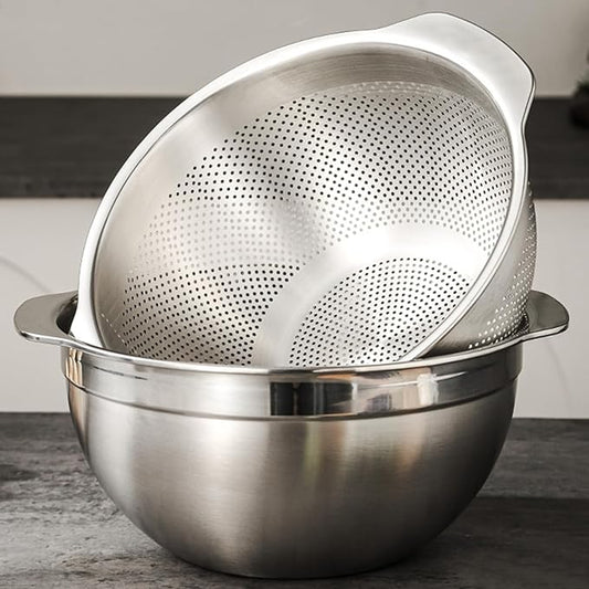 18/8 Stainless Steel Microwell Colander, 2.5QT Large Capacity with Handle Kitchen Food Strainer Basket for Washing Vegetables, Fruits, Rice, and Pasta (primary colour, 2.5QTColander+2.5QT Mixing bowl)