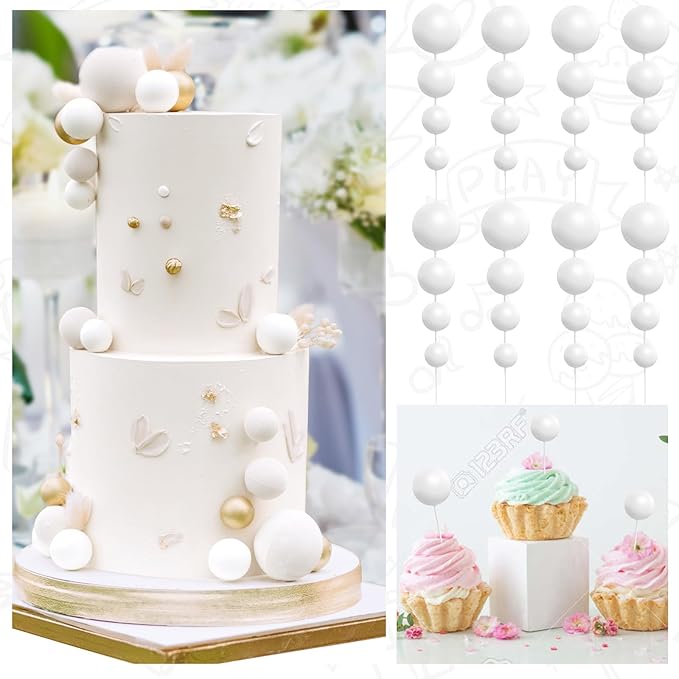 48 Pcs White Balls Cake Topper Decorations Balloon Cupcake Toppers Foam Cake Topper Balls Cake Balls Decorations for Birthday Party Wedding Anniversary Cake Decorating