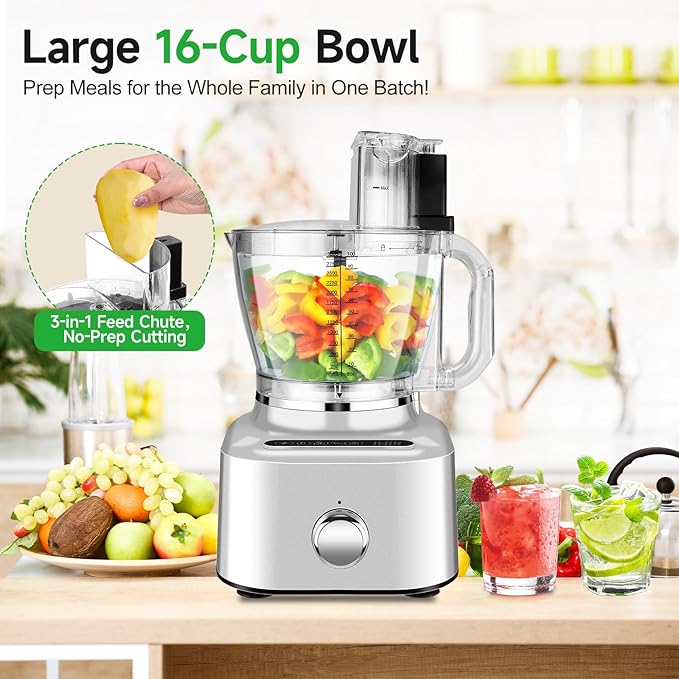 Homtone 16 Cup Food Processor, Large 11-in-1 Heavy Duty Food Processors and Blender Combo- 5 Preset Modes for Chopping,Shredding, Slicing, Kneading, Blending, Stepless Speed Control, 650W, Silver