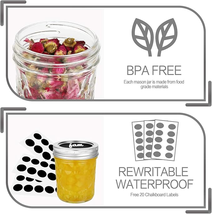 VERONES Mason Jars 6 OZ, 20 PACK 6oz Mason jars Canning Jars Jelly Jars With Lids, Ideal for Jam, Honey, Wedding Favors, Shower Favors, Extra 20 Lids