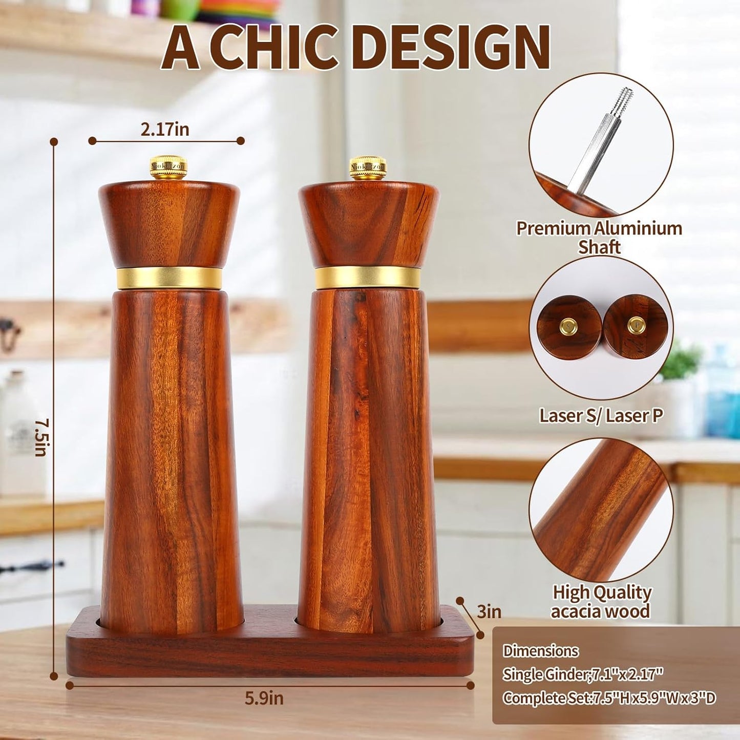 Wooden Pepper Grinder,Pepper Mill Wood–Salt Grinder Refillable with Coarseness,Pepper Grinder Manual Adjustable Ceramic Rotor,Easy Refill,Salt and Pepper Shakers1-Pack
