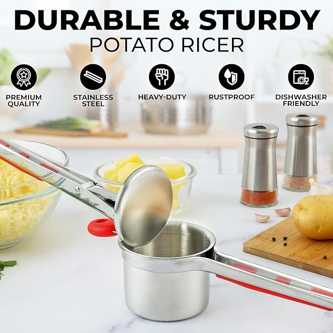 Zulay Kitchen Premium Large 15oz Potato Ricer, Heavy Duty Professional Stainless Steel Potato Masher and Ricer Kitchen Tool, Press and Mash Kitchen Gadget - Red and Silver