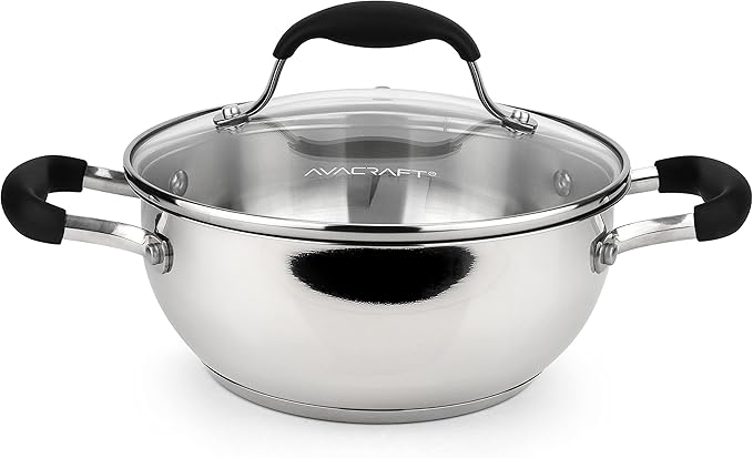 AVACRAFT 18/10 Stainless Steel Everyday Pan, Stir Fry Pan with Five-Ply Base, Chef’s Pan with Glass Lid, Multipurpose Stewpot Skillet, Saute Pan, Casserole in Pots and Pans (8 inch)