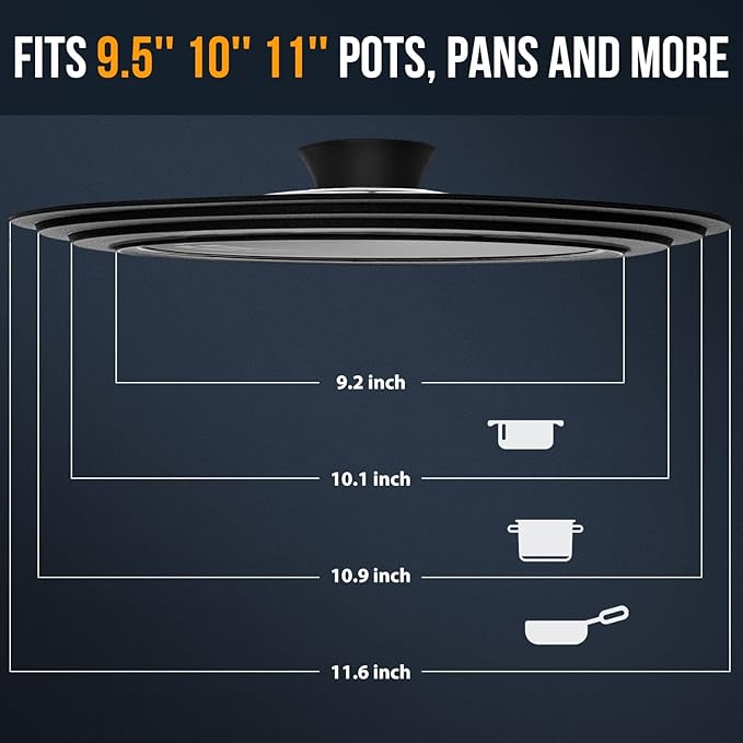 Universal Lid for Pots, Pans and Skillets - Tempered Glass with Heat Resistant Silicone Rim, Fits 9.5", 10" and 11" Diameter Cookware
