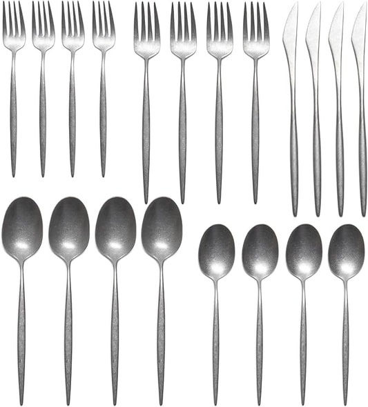 Luxury Vintage Flatware 20-Piece Set – Service for 4, Premium Stainless Steel with Weighted Handles, Aged Heirloom Finish, Dishwasher Safe, Elegant and Modern Cutlery (Vintage Silver)
