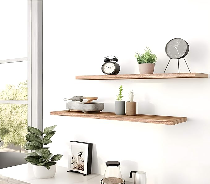 Wood Floating Shelves for Wall, Rustic Wall Shelves for Bedroom, Wall Mounted Floating Shelf, Set of 4 Light Walnut 36 Inch