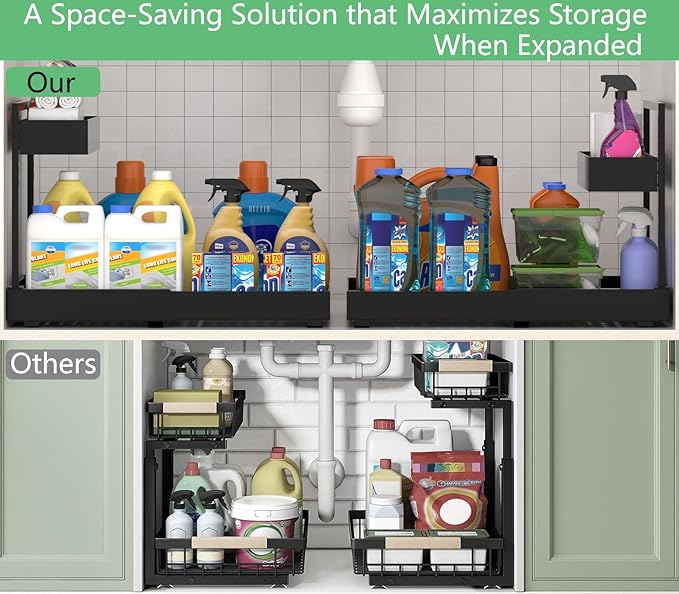 Under Sink Organizer and Storage, All Metal Heavy Duty Expandable Storage Basket, 2 Tier Bathroom Cabinet Organizer, Height Adjustable, Easy Pull Out, Black, 2 Pack