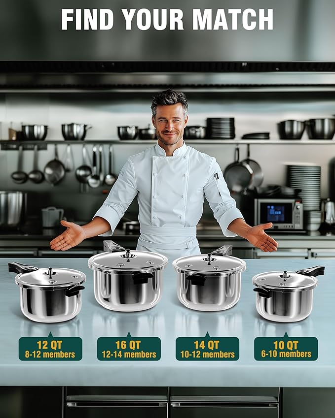 WantJoin Stainless Steel Pressure Cooker, Spring Valve Safeguard Devices, Gas Stove Eletric Stove Cooking (14qt)