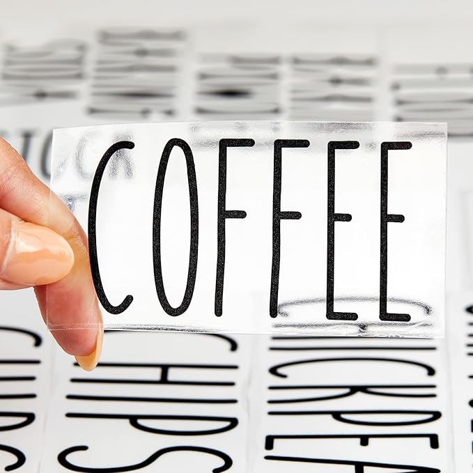 Talented Kitchen 136 Kitchen Sticker Labels for Food Containers - Varied Sizes, Black Text on Clear Background - Waterproof Labels for Jars & Storage