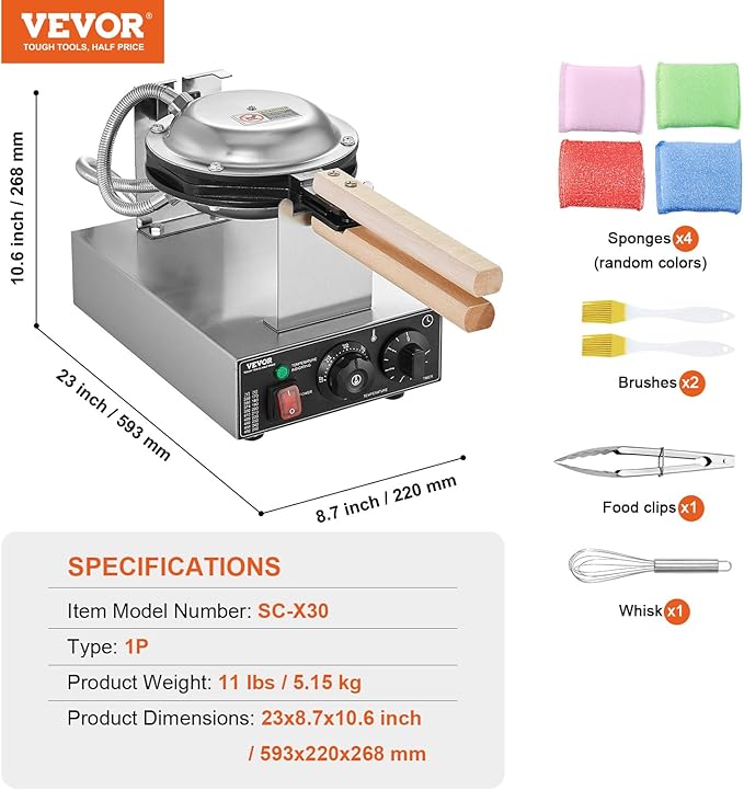 VEVOR Commercial Bubble Waffle Maker, 1400W Egg Pancake Baker Machine, Non-Stick Stainless Steel Egg Bubble Puff, 180° Rotatable, Temp and Time Control, Wooden Handle, for Restaurant Bakery Snack Bar