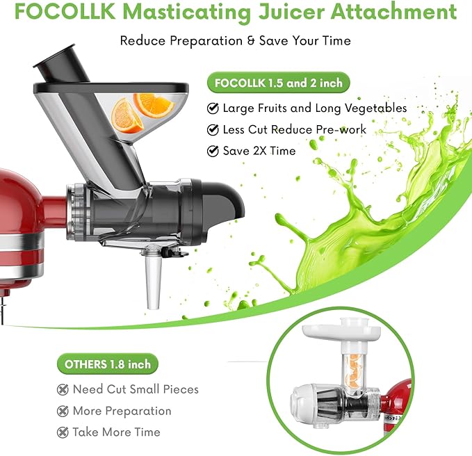 Masticating Juicer Attachment for KitchenAid Stand Mixer - Cold Press Dual Feed Chute Accessory, Slow Juicing Parts for Fruits & Vegetables