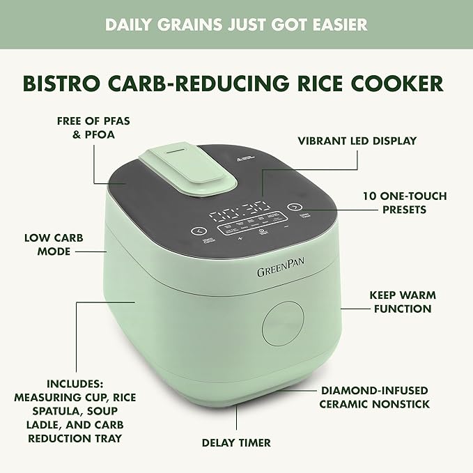 GreenPan Rice Cooker, 8 Cups Cooked (4 Uncooked), Low-Carb & Soup Mode,10 ONE-TOUCH Cooking Presets, PFAS-Free Ceramic Steamer Basket, Fuzzy Logic, Auto Keep Warm, Oats, 24HR Delay Timer, Mint Green