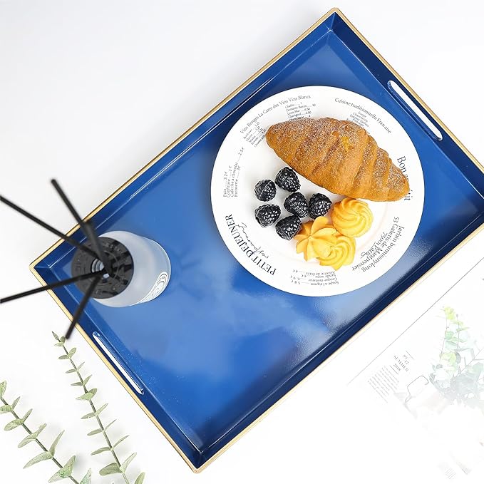Spsyrine Blue Decorative Serving Tray with Handles, Elegant Plastic Coffee Table Tray for Ottoman, Living Room, Home Decor 15.6" X 10.2"