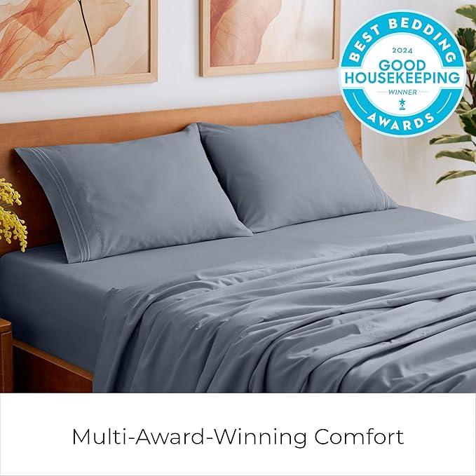 Mellanni Split King Sheets Set - 5 PC Iconic Collection Bedding - Hotel Luxury, Extra Soft, Cooling Bed Sheets - Wrinkle, Fade, Stain Resistant (Split King, Mineral Gray)