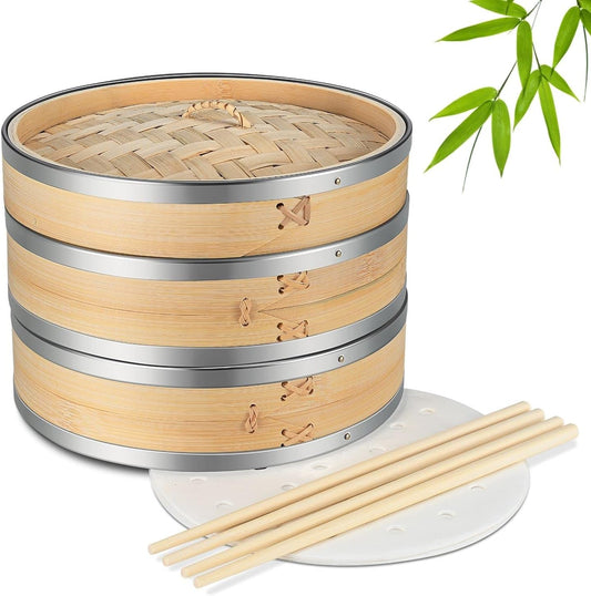 Flexzion Bamboo Steamer Basket Set (10 inch) with Stainless Steel Banding, 50 x Steamer Liners and 2 Pairs of Chopsticks, Steam Baskets for DimSum Dumplings, Rice, Vegetables, Fish and Meat