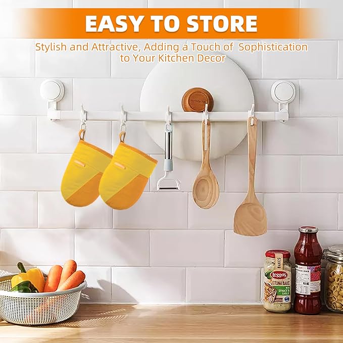 Mini Oven Mitts, Kitchen Oven Gloves Kitchen Mittens 500 Degrees Heat Resistant Baking Gloves, Non-Slip Silicone Surface with Hanging Loops Hot Gloves for Cooking, Baking, BBQ 1 Pair-Yellow