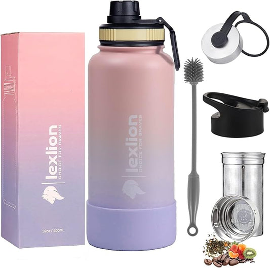 Lexlion Tea Infuser Bottle - Fruit Infuser Water Bottle 32 Oz, Triple Walled Insulated Stainless Steel, Thermal Leaf Infusion, Silicone Sleeve, 3 Lids Leakproof, Metal Mug Gallon