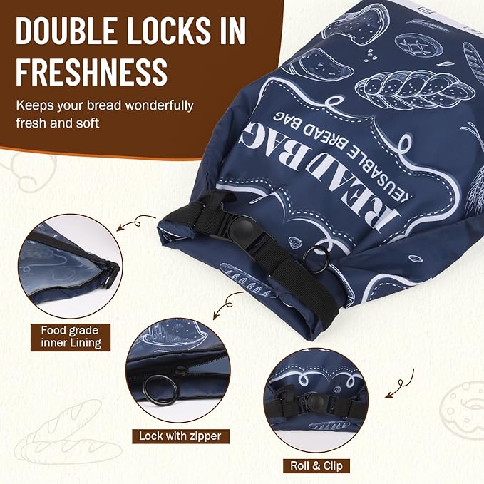 Bread Bags, 2 Packs Bread Bags to Keep Fresh, Reusable Zipper for Homemade Loaf, Freezer Storage Bag, Container, Fresh Keeping Extra Large Food Bag (White)