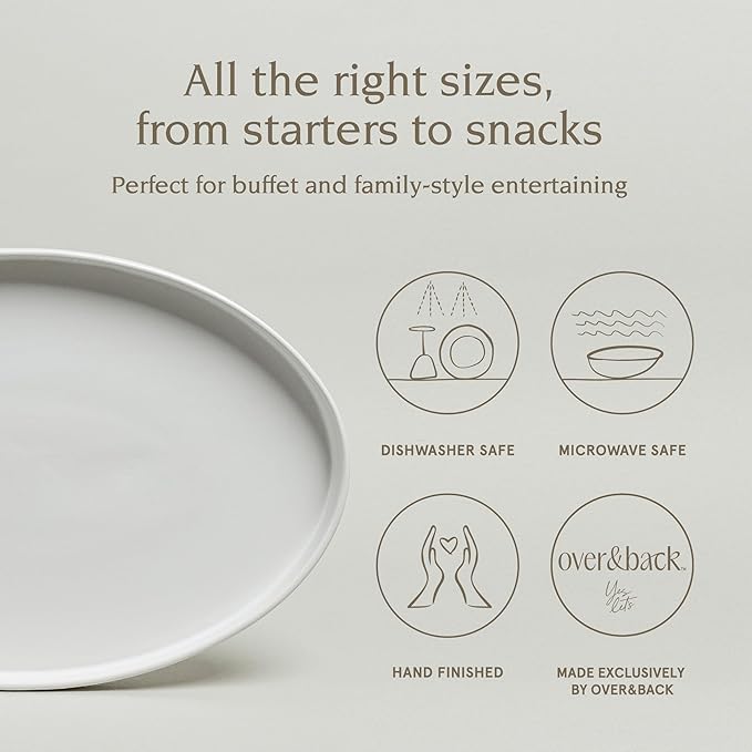 over&back Stackable Stoneware Serving Platter - Elegant 1-Piece Oval Serving Platter to Complete Your Kitchen Set - Perfect for Appetizers, Desserts, and More - 16" L x 11" W - Semi-Matte White