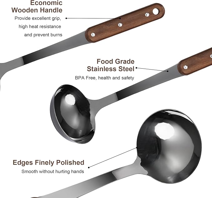 FJNATINH Soup Ladle, 304 Stainless Steel Ladle Spoon for Serving Wok Soup with Ergonomic Heat-proof Wooden Handle, [Heat Resistance, Integral Forming]
