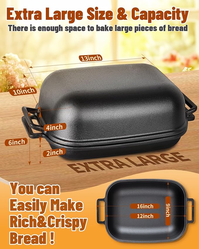Cloche Loaf Dutch Oven, Pre-Seasoned, 9.5QT, 13 LBS Heavy Duty, Non-Stick, Large Bread Loaf Pan, Oval Cast Iron Bread Pan With Lid, Cloche Homemade Loaf Pan, Sourdough Artisan Bread Baking Pan