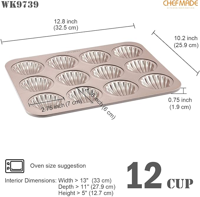 CHEFMADE Madeleine Mold Cake Pan, 12-Cavity Non-Stick Scallop Madeline Bakeware for Oven Baking (Champagne Gold)