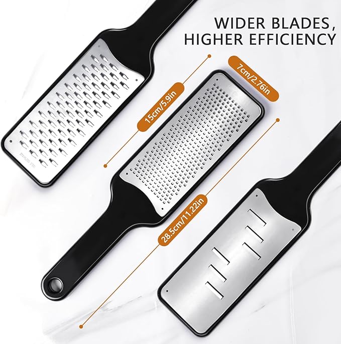 LHS Lemon Zester Grater Set of 3 - Cheese Grater Kitchen Tool for Parmesan Cheese, Ginger, Nutmeg, Chocolate, Vegetables, Stainless Steel Cheese Shredder（Fine & Ribbon & Coarse Blades）