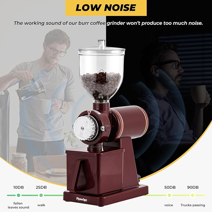 Burr Coffee Grinder - Electric Espresso Grinder for Home & Commercial Use, Silent, Adjustable Grind, With Hopper, Brush, Spoon, Red