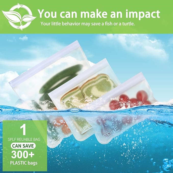 SPLF 10 Pack Dishwasher Safe Reusable Snack Bags, BPA Free Reusable Food Storage Freezer Bags Leakproof Silicone and Plastic Free Lunch Bags Fridge Home Organization