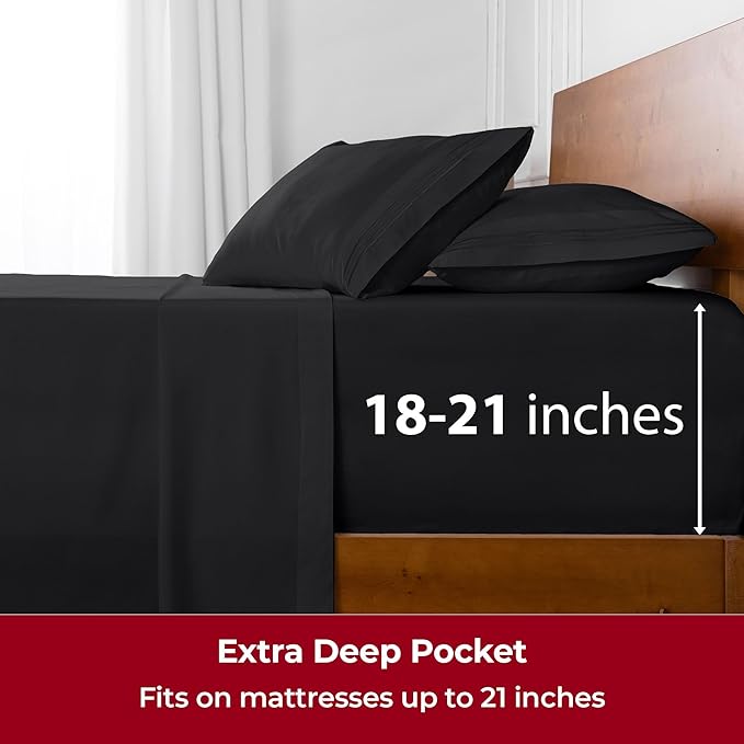 Mellanni Extra Deep Twin Sheets - 3 PC Iconic Collection Bedding - Hotel Luxury, Ultra Soft, Cooling Bed Sheets - Wrinkle, Fade, Stain Resistant (Twin, Black)