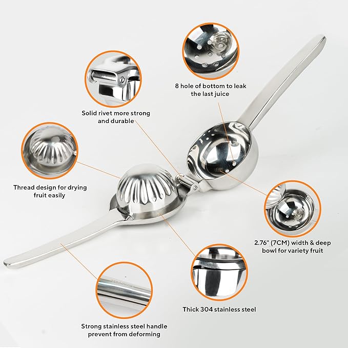 Stainless Steel Lemon Squeezer | Heavy Duty Handheld Juicer with Large Bowl | Premium Manual Citrus Press | Stainless Steel Lemon Lime Squeezer & Juicer Hand Press | Rust-Resistant, Dishwasher Safe