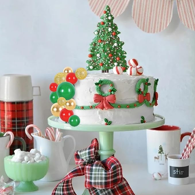 BEISHIDA 40 Pcs Ball Cake Toppers Mini Balls Cake Decorations Red Green Gold Silver Sticks Foam Balls DIY Cake Topper Insert Balls Cake Decorations for Baking Christmas Party Decorations